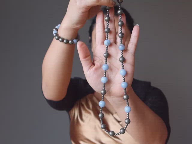 video featuring pyrite and angelite beaded necklace