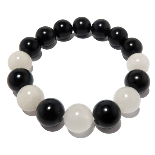 white quartz and black obsidian round beaded stretch bracelet