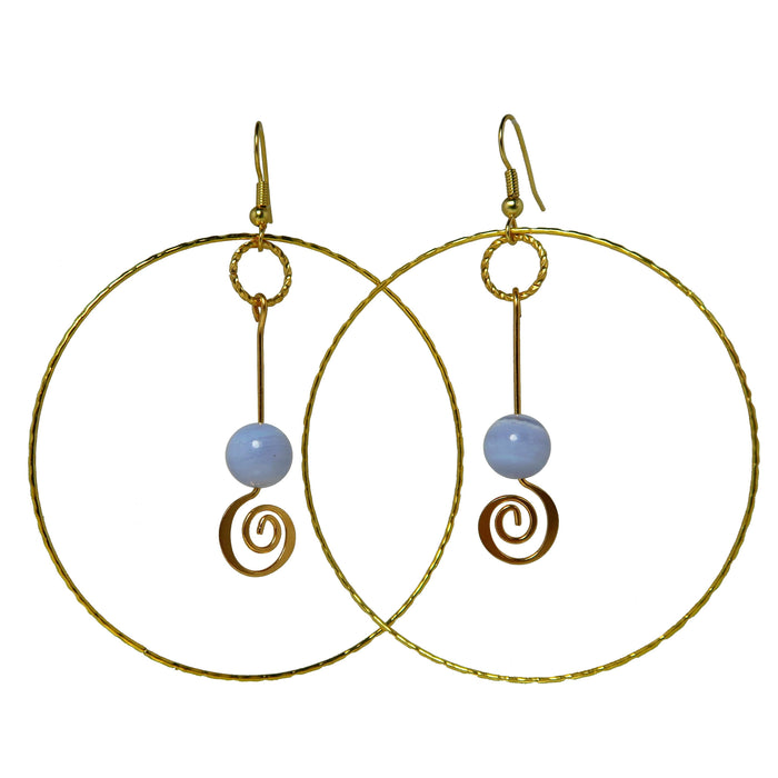 blue lace agate stones in gold spiral hoop earrings
