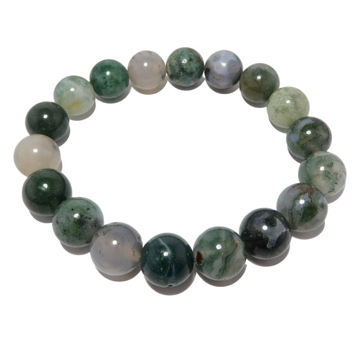 green and white moss agate round beaded stretch bracelet