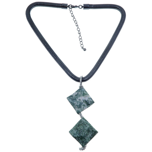 wavy diamond-shaped Tree Agate beads wrapped in silver-plated copper wire pendant hangs from an 8mm thick gunmetal snake chain necklace