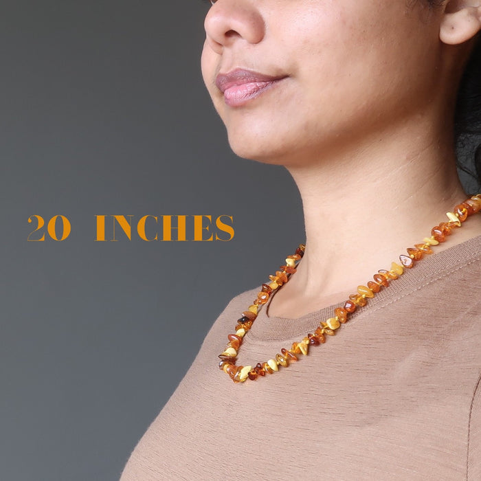 Sheila of Satin Crystals wearing 20" Yellow Orange Red Baltic Amber 10-18mm beads Knotted Necklace Amber Bead Necklace