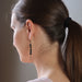 back profile of female model wearing bloodstone goddess dangle earrings