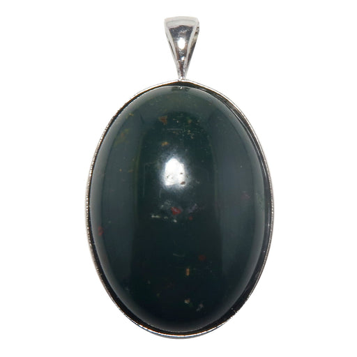 dark green bloodstone oval with red and yellow inclusions set in silver pendant