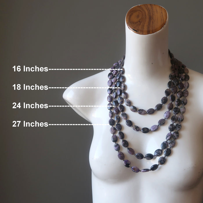 display on mannequin 4 different lengths of Purple Oval Charoite Gemstones Necklaces 16, 18, 24, and 27 inches