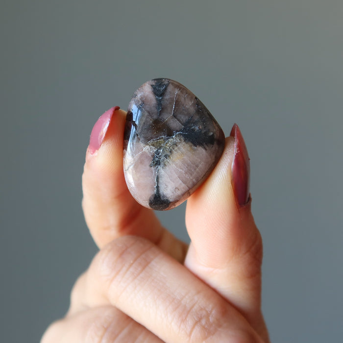 fingers holding Chiastolite Tumbled Stone