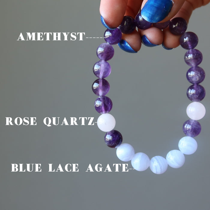 hand holding blue lace agate, rose quartz, amethyst stretch bracelet for sleep