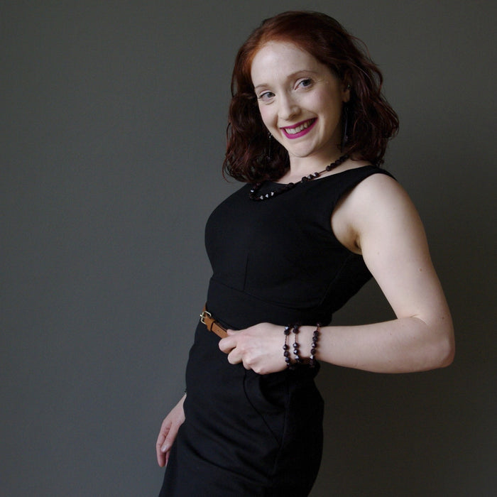 Gemma of Satin Crystals wearing three Garnet Bracelets, Necklace and Earrings