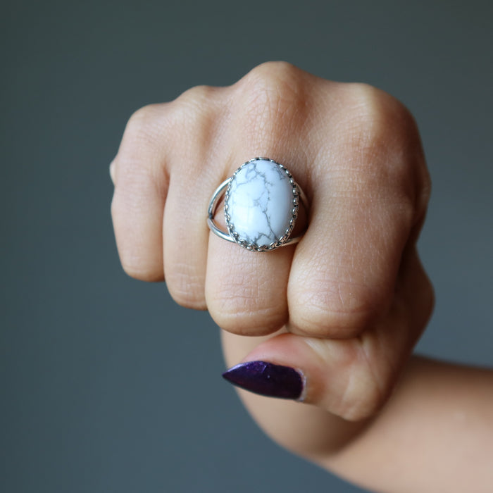 Howlite Ring Oval White Adjustable Sterling Silver