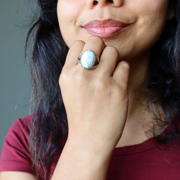 Howlite Ring Oval White Adjustable Sterling Silver
