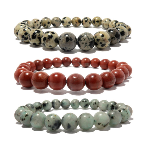 set of 3 jasper stretch bracelets including spotted dalmatian, red and green sesame. beaded round gemstones trio handmade at satin crystals