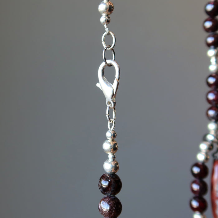 silver lobster claw clasp on mookaite jasper and red garnet beaded necklace