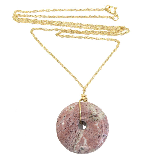 pink spotted picture jasper donut amulet stone on 14 karat gold necklace chain