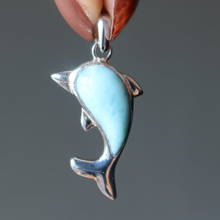 Larimar Pendant Splashing Sea Dolphin Blue Gem Sterling Silver