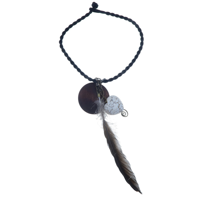 Magnesite Necklace Flying Feather Heart Stone Brown Wood