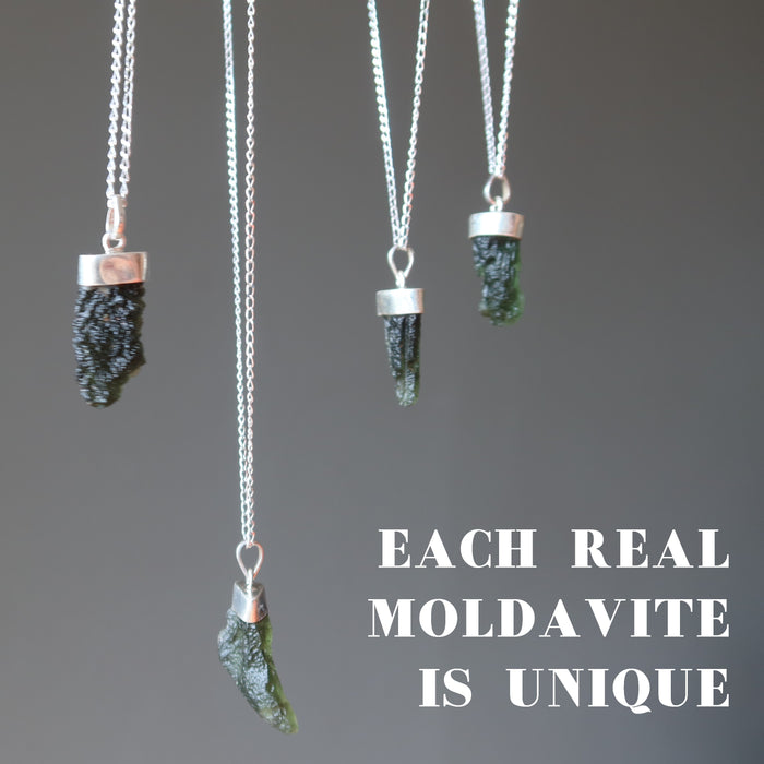 four moldavite necklaces to show each is unique