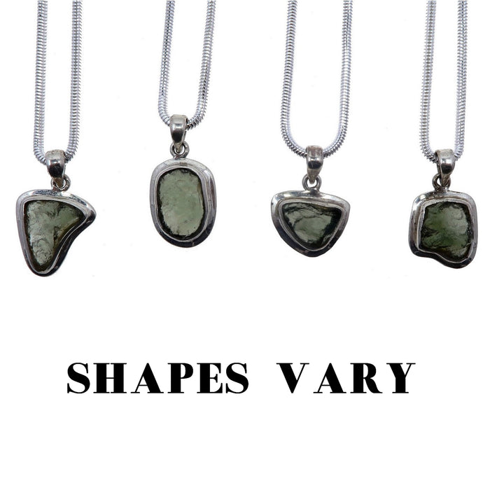 4 moldavite pendant necklaces showing shapes vary