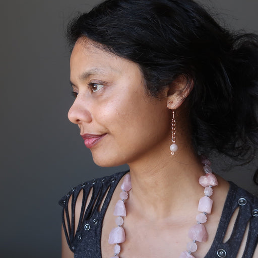 sheila of satin crystals wearing pink moonstone copper chain earrings