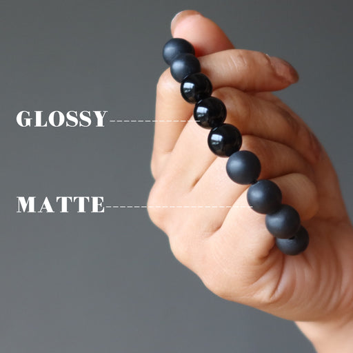 matte and polished glossy beaded round black onyx stretch bracelet