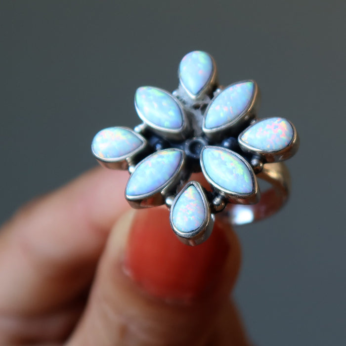 Opal Ring Mandala of Karma White Rainbow Sterling Silver