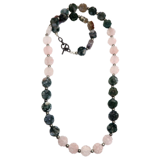 rose quartz and moss agate flower beaded necklace