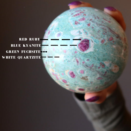 hand holding ruby fuchsite sphere