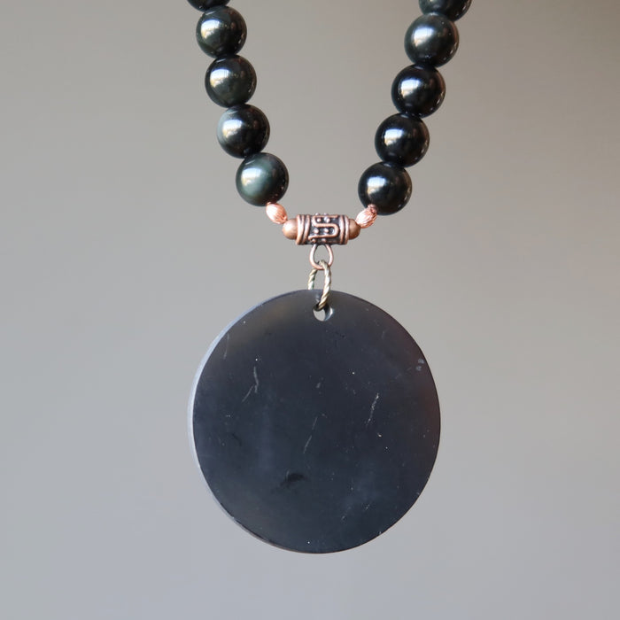 Shungite Necklace Black Protection Medallion Rainbow Obsidian