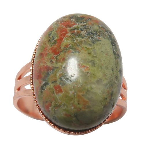 green and pink unakite oval in copper adjustable ring