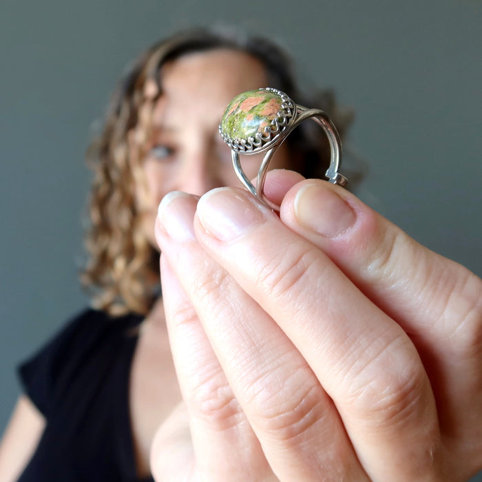 holding Adjustable Sterling Silver Unakite Ring 