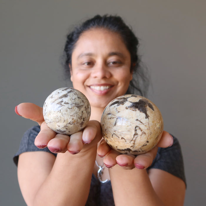 woman holding two zebradorite spheres