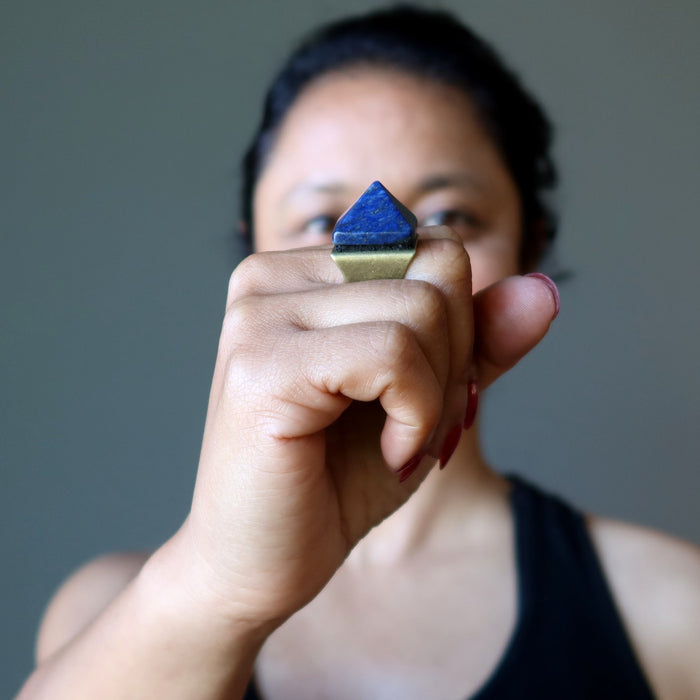 sheila of satin crystals wearing a lapis pyramid ring