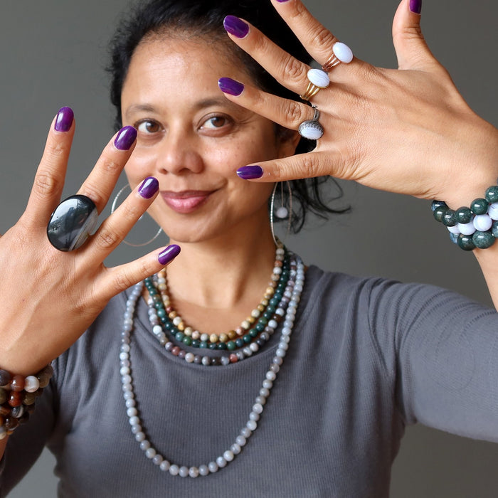 sheila of satin crystals wearing agate jewelry