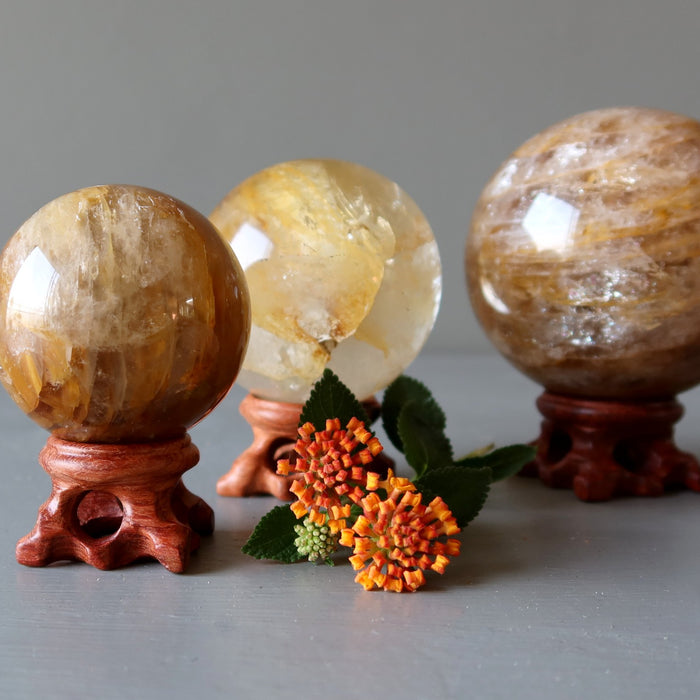 golden healer quartz spheres on wood stands with orange flowers