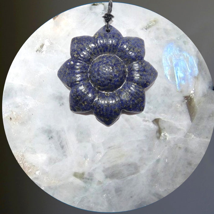 rainbow moonstone sphere with lapis flower pendant