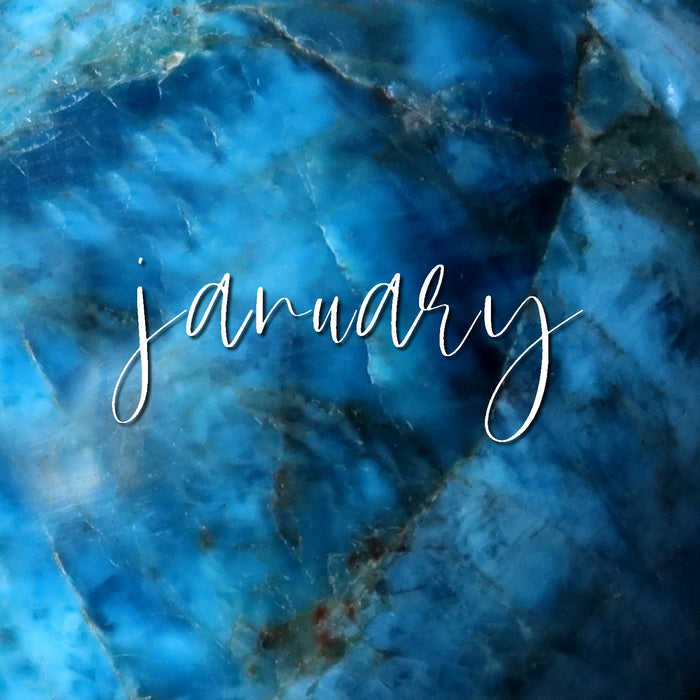 blue apatite background with word January