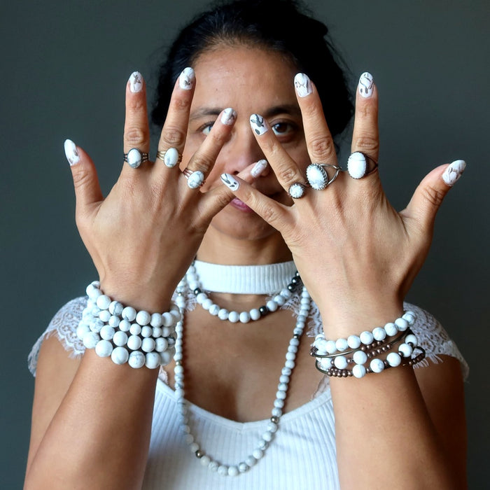 sheila of satin crystals wearing howlite bracelets, necklaces, rings