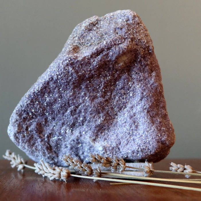 lepidolite stone with lavender flowers