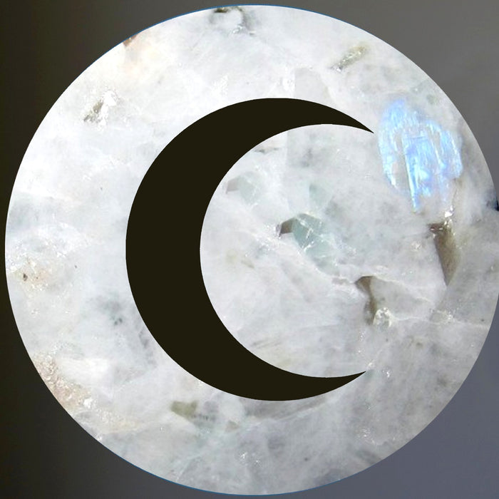 rainbow moonstone sphere with a new moon cutout