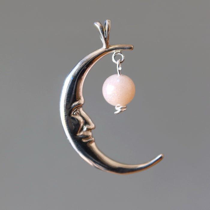 sterling silver cresent moon pendant with peach moonstone dangle