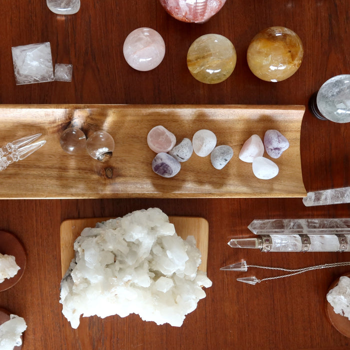 table full of quartz crystals