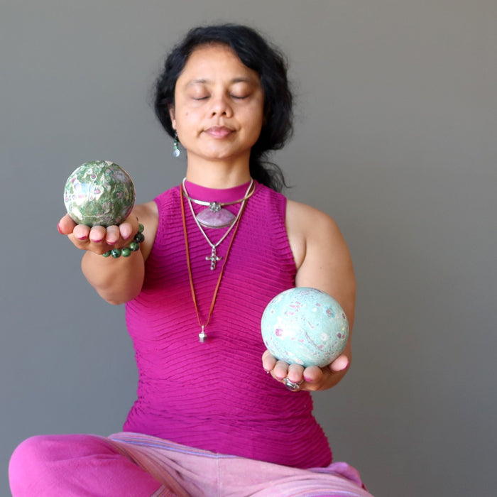 sheila of satin crystal meditating with ruby fuchsite spheres