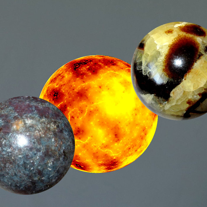 sun, ruby kyanite, septarian sphere