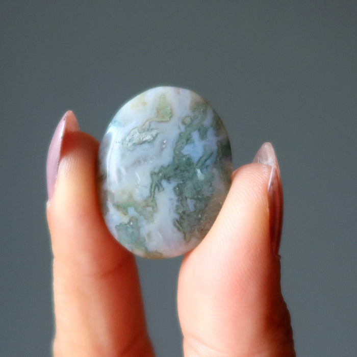Moss Agate Cabochon Set White Green Oval Crystals