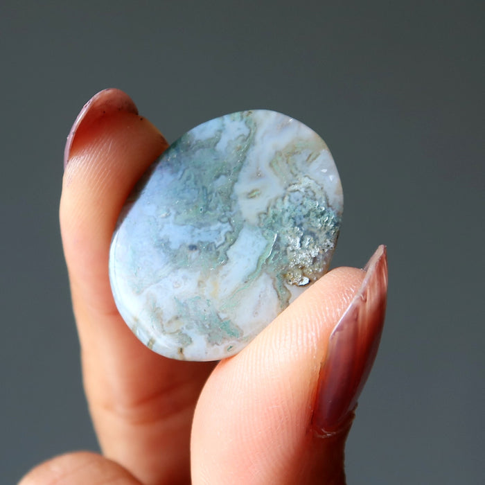 Moss Agate Cabochon Set White Green Oval Crystals