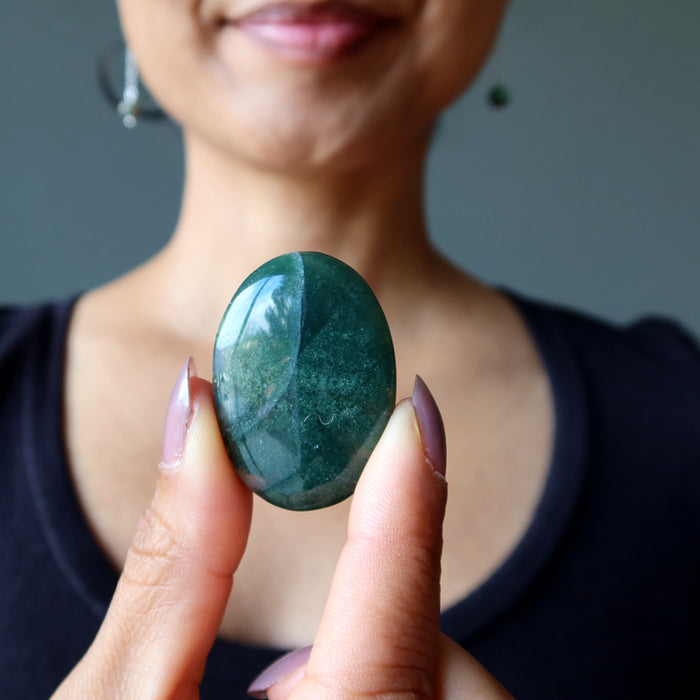 Moss Agate Cabochon Oval Mirror of Woods Green Nature Crystal