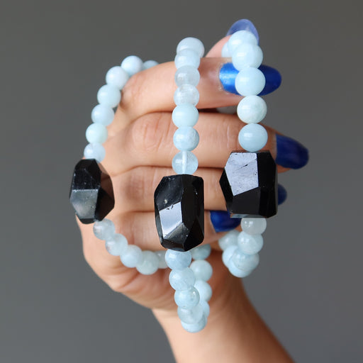 three black tourmaline blue aquamarine bracelets