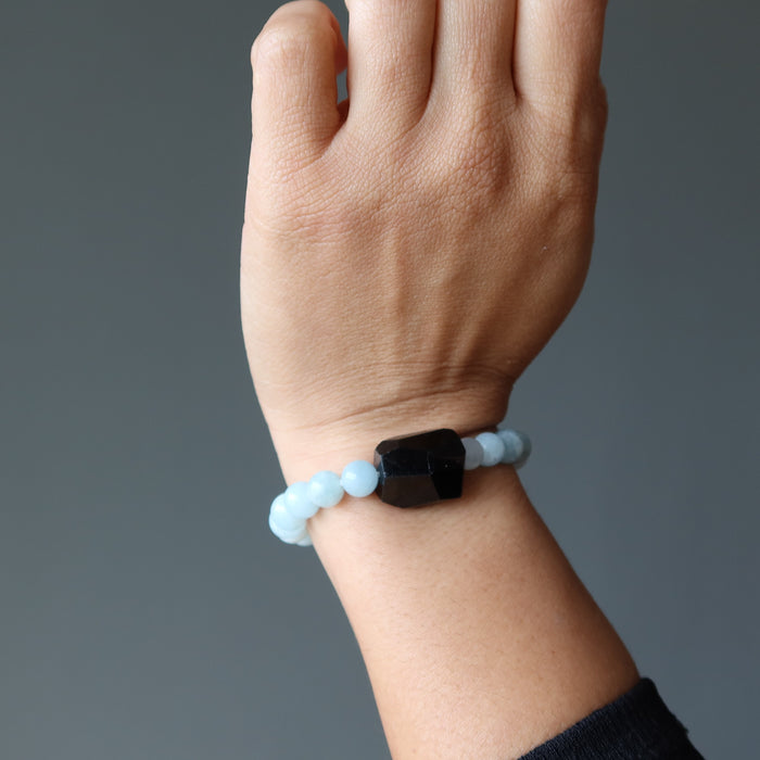 black tourmaline blue aquamarine bracelet on wrist
