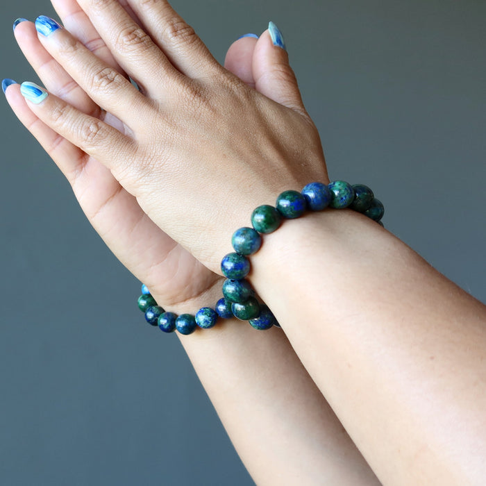 azurite malachite bracelets on wrists