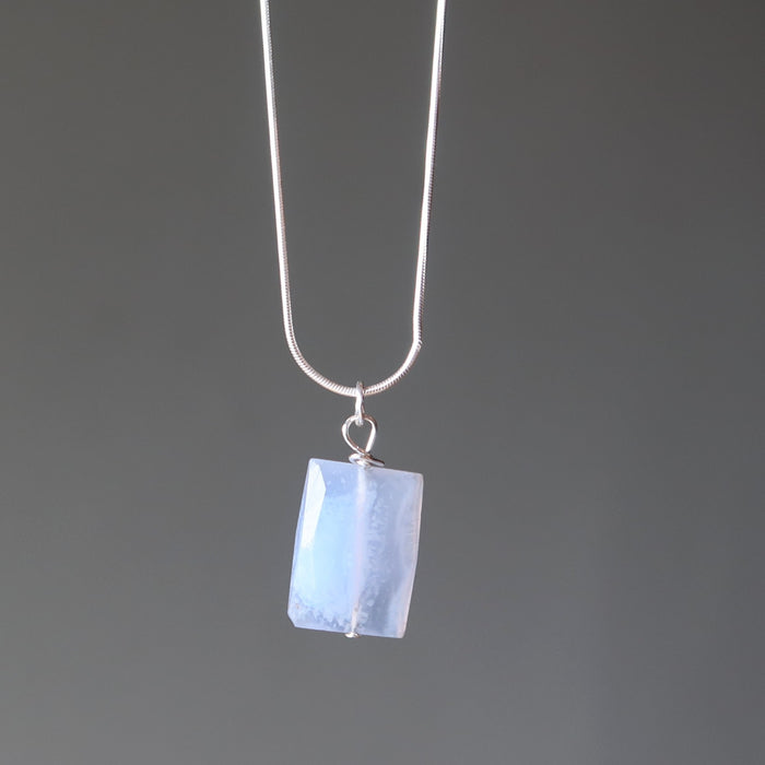 Chalcedony Necklace Cut of Cool Blue Rectangle Gem Sterling Silver