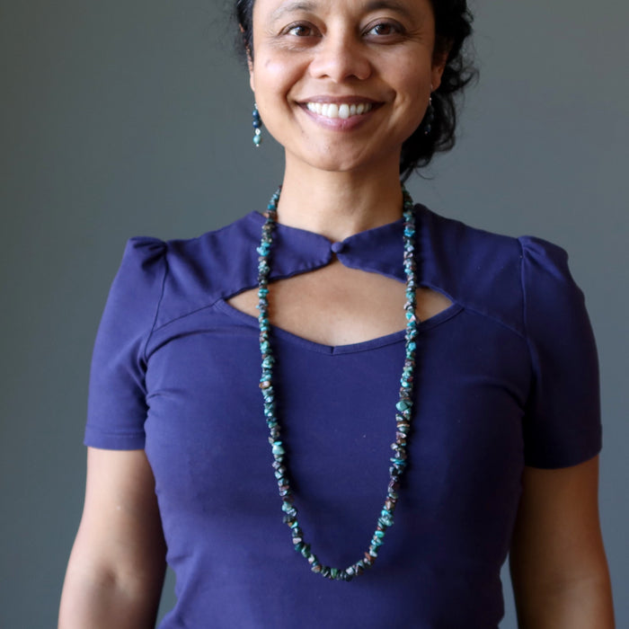 woman wearing long Chrysocolla Necklace